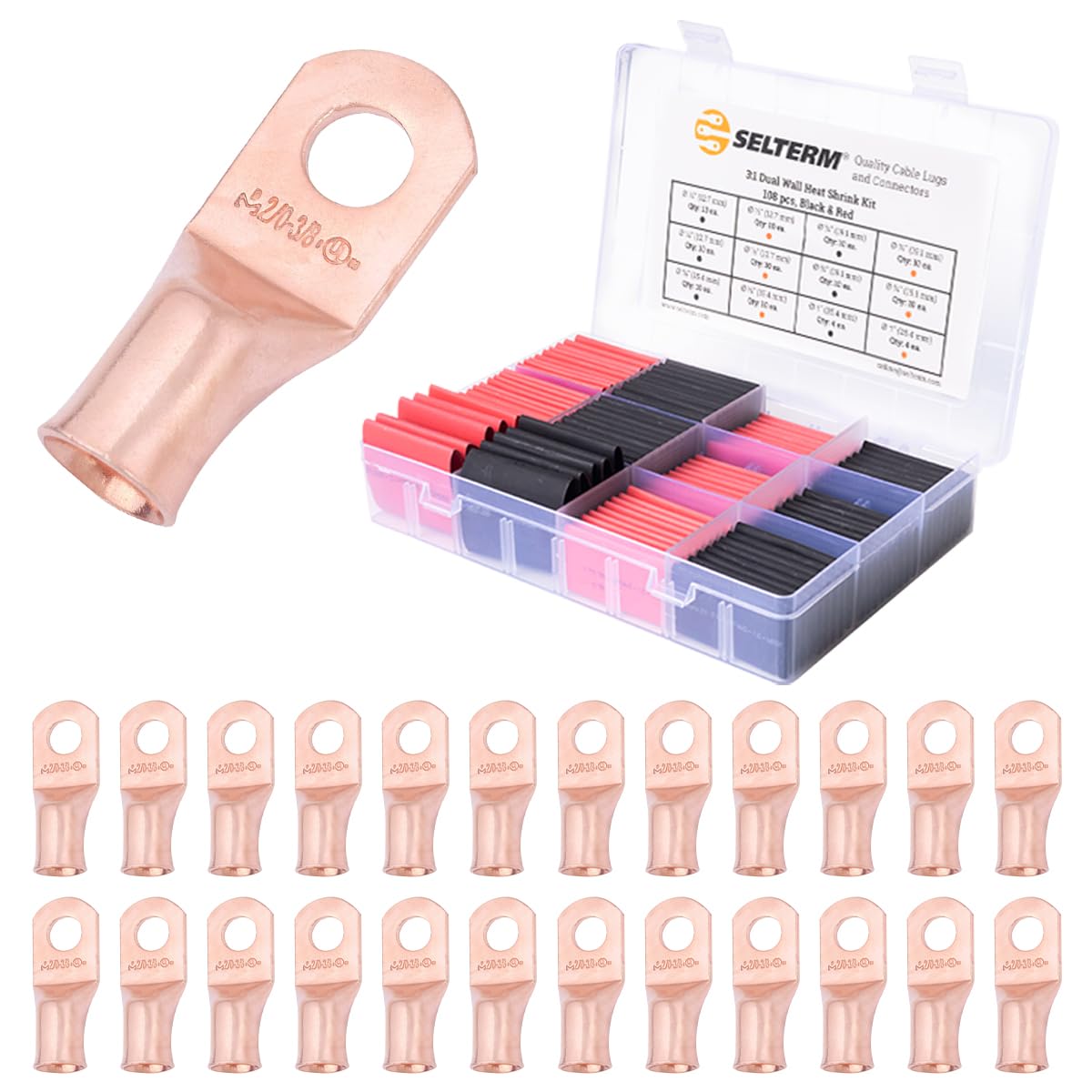SELTERM 25pcs 2/0 AWG 3/8" Stud Bare Copper Lugs & Large Size 108 Pcs 3:1 Dual Wall Adhesive Line Heat Shrink Tubing Kit 1, 3/4, 1/2, 5/8 Inch Assortment Kit