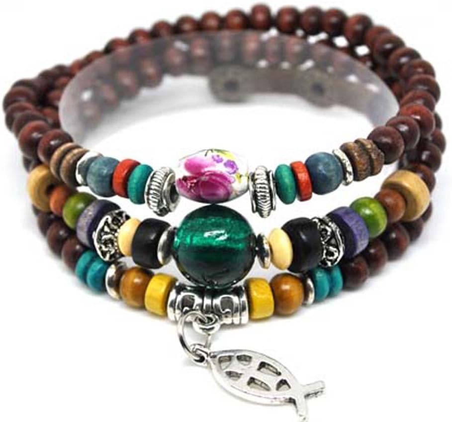 4030061 Wood Bead Fish & Cross Wrap Bracelet Christian Religious Inspirational Beaded