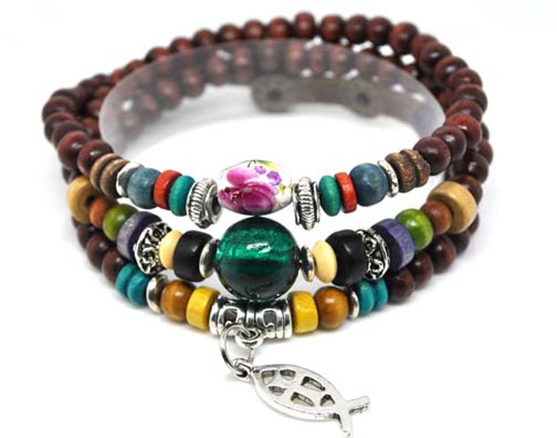 4030061 Wood Bead Fish & Cross Wrap Bracelet Christian Religious Inspirational Beaded