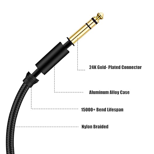 Miniatura 16 de Cable TRS para instrumento de 1/4 de pulgada, paquete de 2 unidades, cable de audio estéreo de 0.250 in macho a macho de ángulo recto a recto