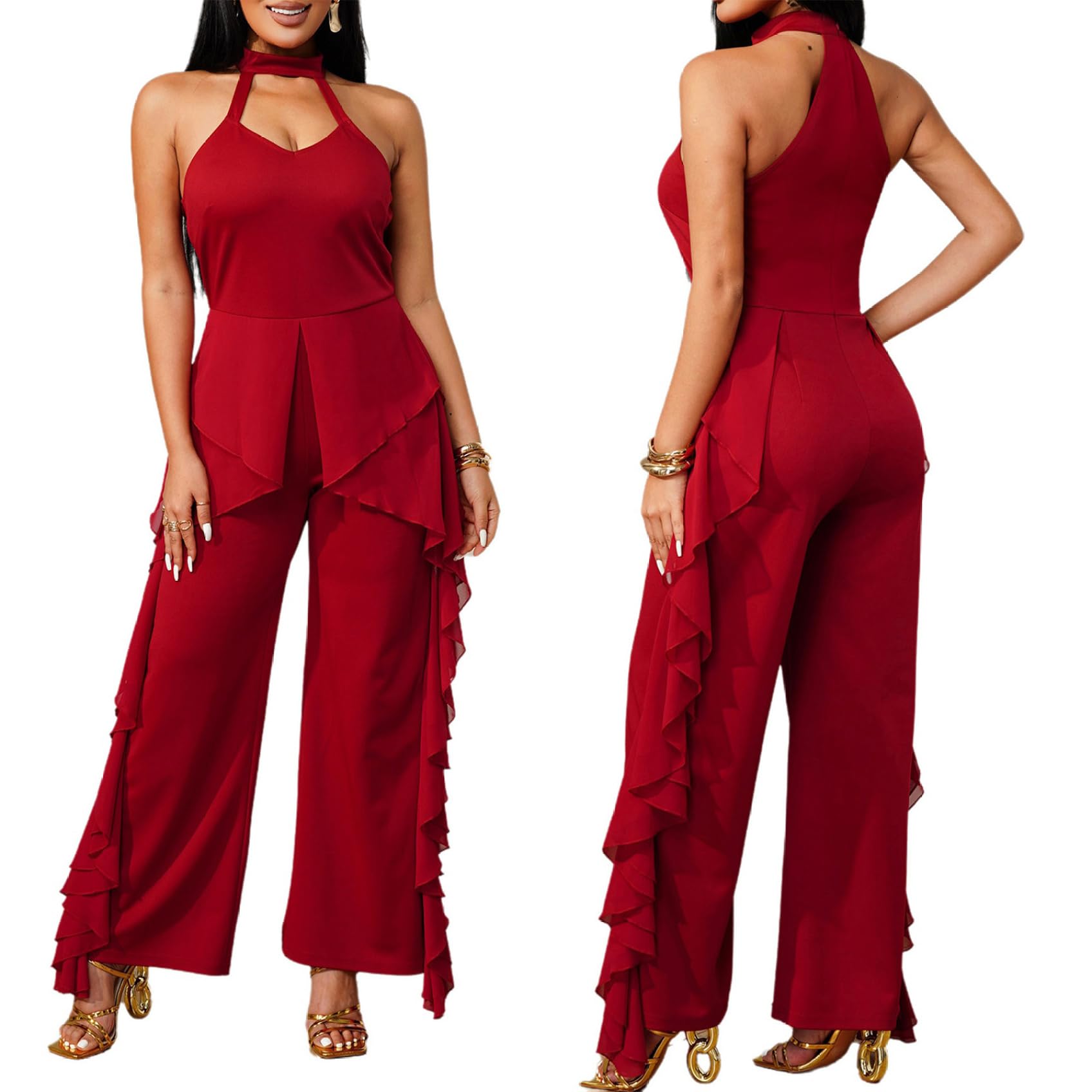 Donna Salopette Con Volant Alla Moda Combinazioni Signore Casual