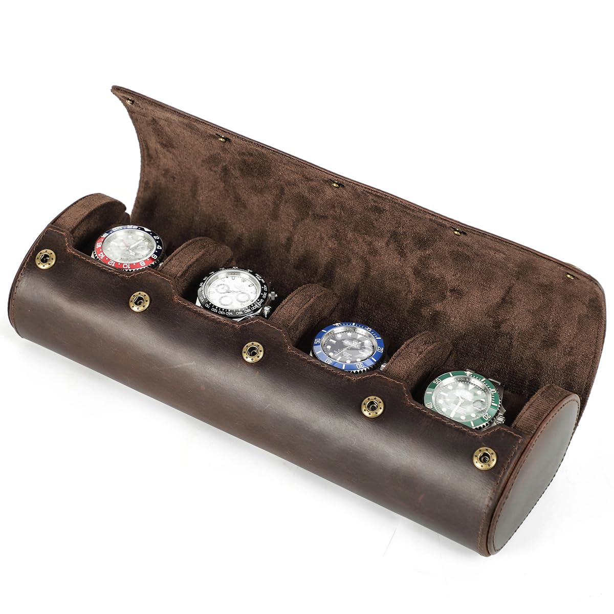 CONTACTS Uhrenetui aus echtem Leder, für Reisen, Schmuck, Aufbewahrungsbox für 4 Uhren mit abnehmbarem Kissen, zylindrischer Uhrenschutz, weiche Tasche, Vintage
