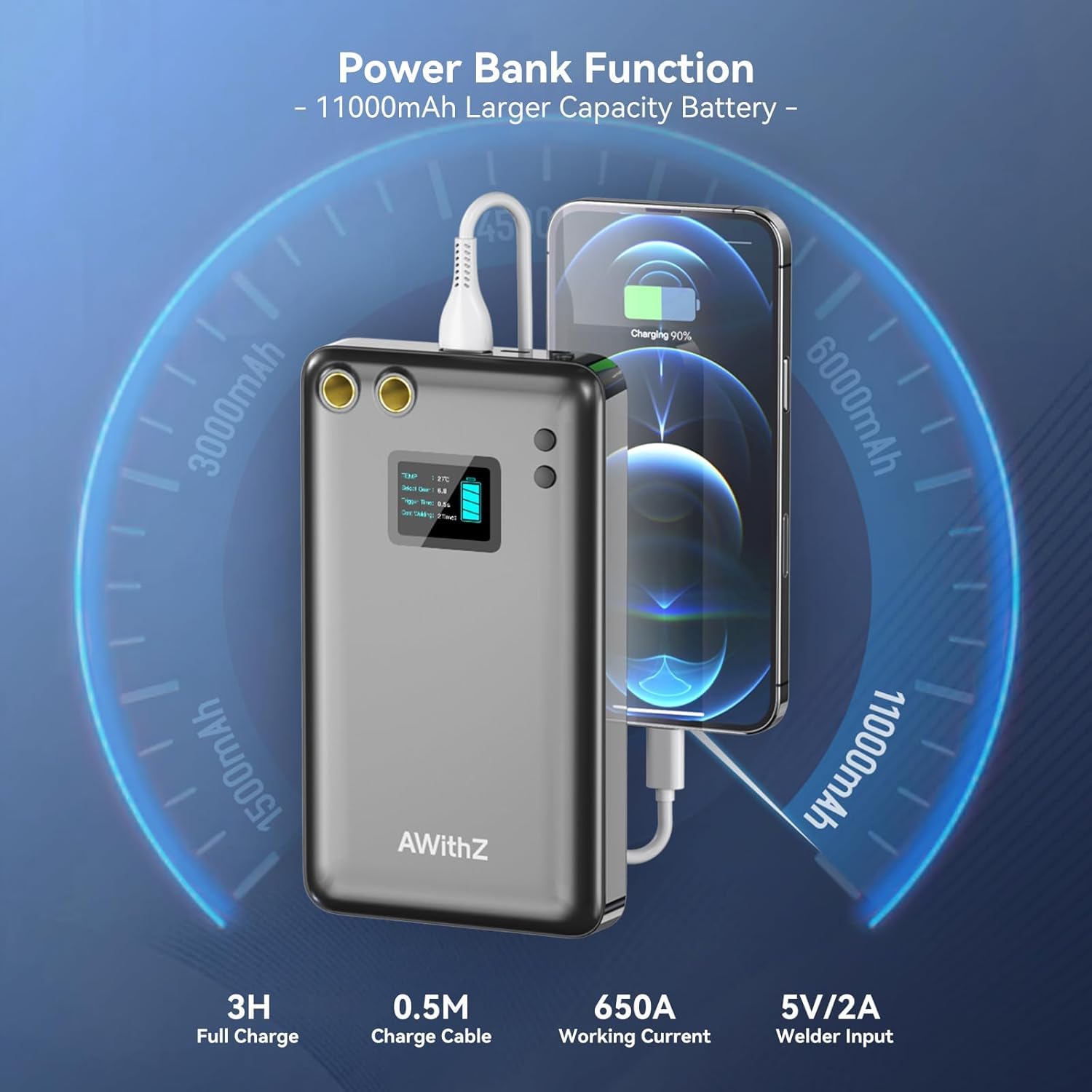 Akku Punktschweißgerät, AWithZ Tragbares Punktschweißgerät für Akkus mit 11000mAh,1,5-Zoll-LCD,99Gang Mini Punktschweißgerät zum Reparieren/Auswechseln/Selbstbauen von Akkupacks