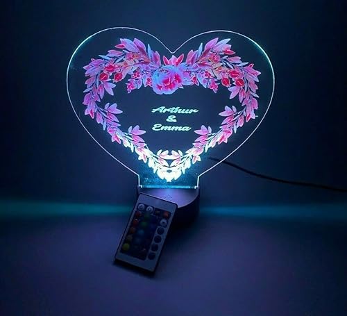 Miniatura 4 de MIRROR MANIA Heart with Flowers UV Printed Couples Night Light Up Table Lamp LED Personalized Free Engraved Names Dates Words Made to Order Custom