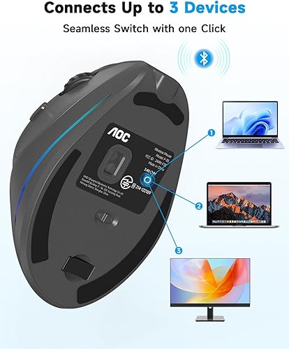 Vista 6 de AOC Ratón ergonómico de 2.4 GHz, mouse vertical inalámbrico Bluetooth para el trabajo, seguimiento óptico de 4800 DPI, 5 DPI ajustables, clics