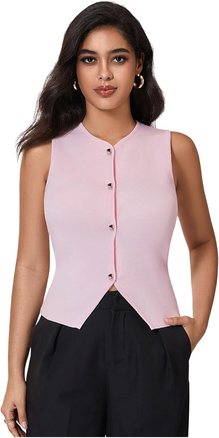 SHENHE Women's Sleeveless Sweater Vest Knit Crew Neck Button Casual Spring Summer Waistcoat Cardigan