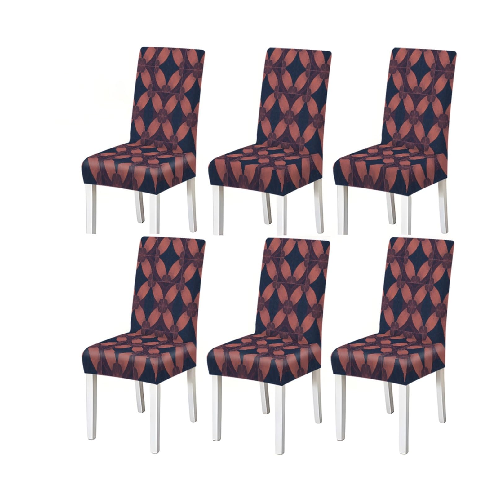 BOSUYBN Navy Terracotta Boho Geometric Leaf Dining Chair Covers Set Of 2/4/6, Stretch Slipcovers For Kitchen Dining Room Furniture Protectors for Home Dining Room(6PCSChair cover)