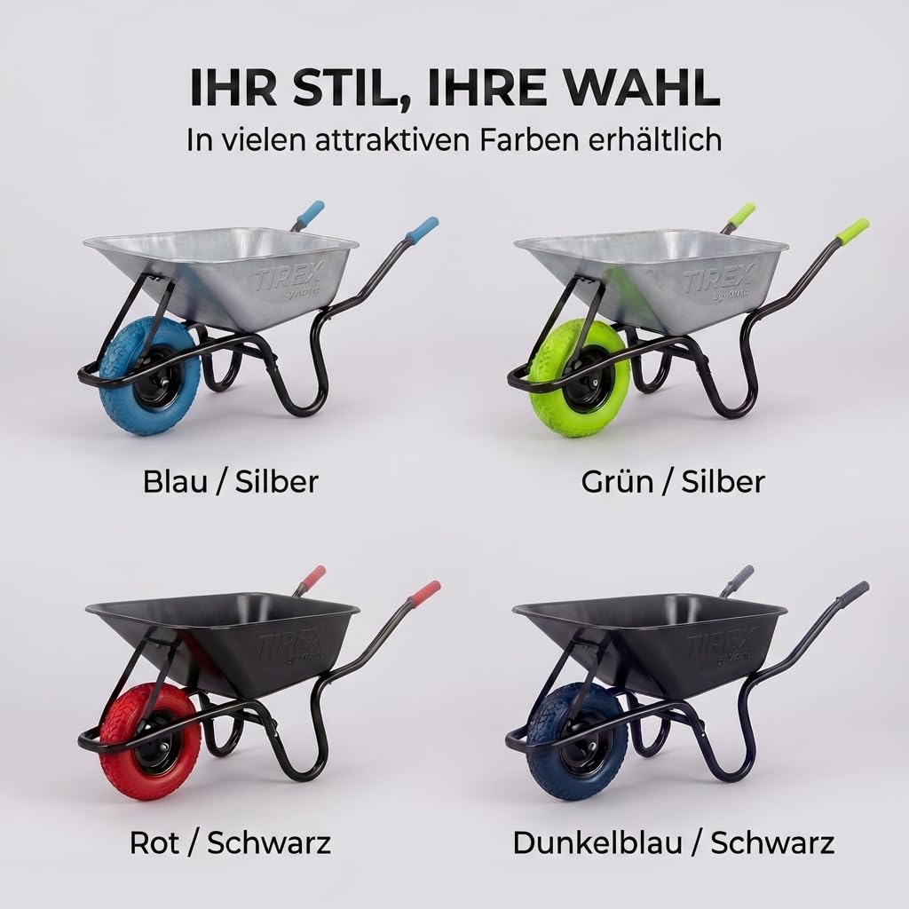 TIREX by xonic® Schubkarre mit Stahlfelge – Verzinkte Wanne bis 250kg/ 100l - Robuste Ausführung für Garten und Blau – Schieb-Karre mit PU Vollgummi-Rad - Blau- Silber