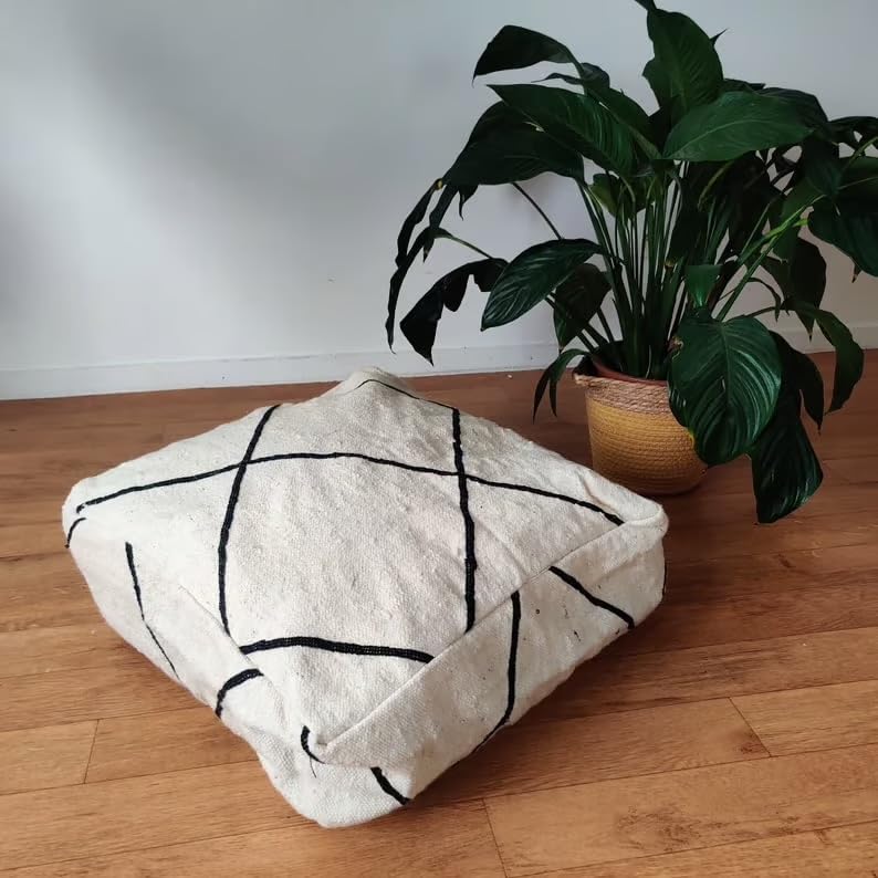 Modern Floor Cushion, White with Black Geometric Lines, Square Floor Pillow with Zipper