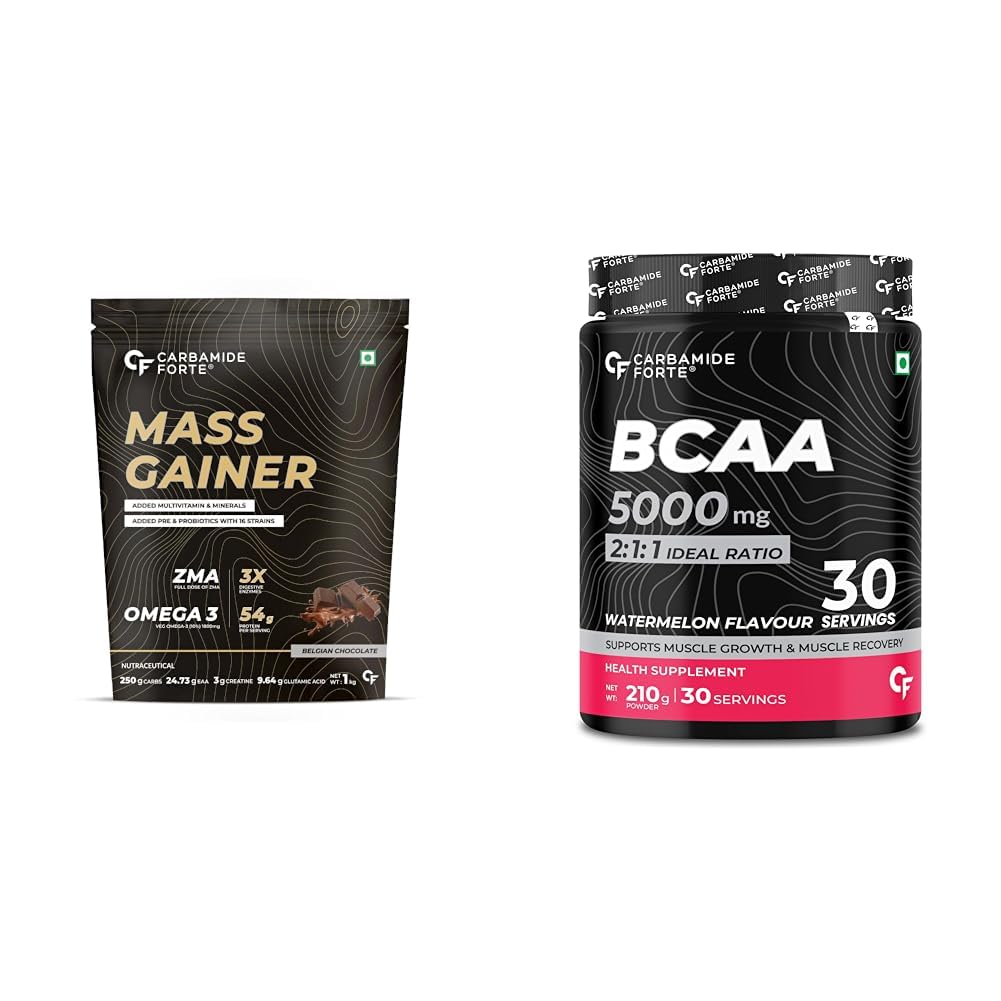 Carbamide Forte Mass Gainer Belgian Chocolate Flavour 1kg & BCAA Powder 5000mg Watermelon Flavour - 210g Powder-image-37