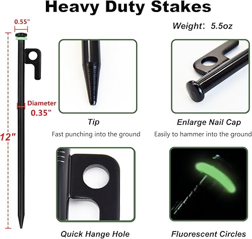 Miniatura 5 de HOLANHIN - 20 estacas de tienda de campaña resistentes de 8 pulgadas, 12 pulgadas16 pulgadas con bolsa de almacenamiento, estacas de acero forjado
