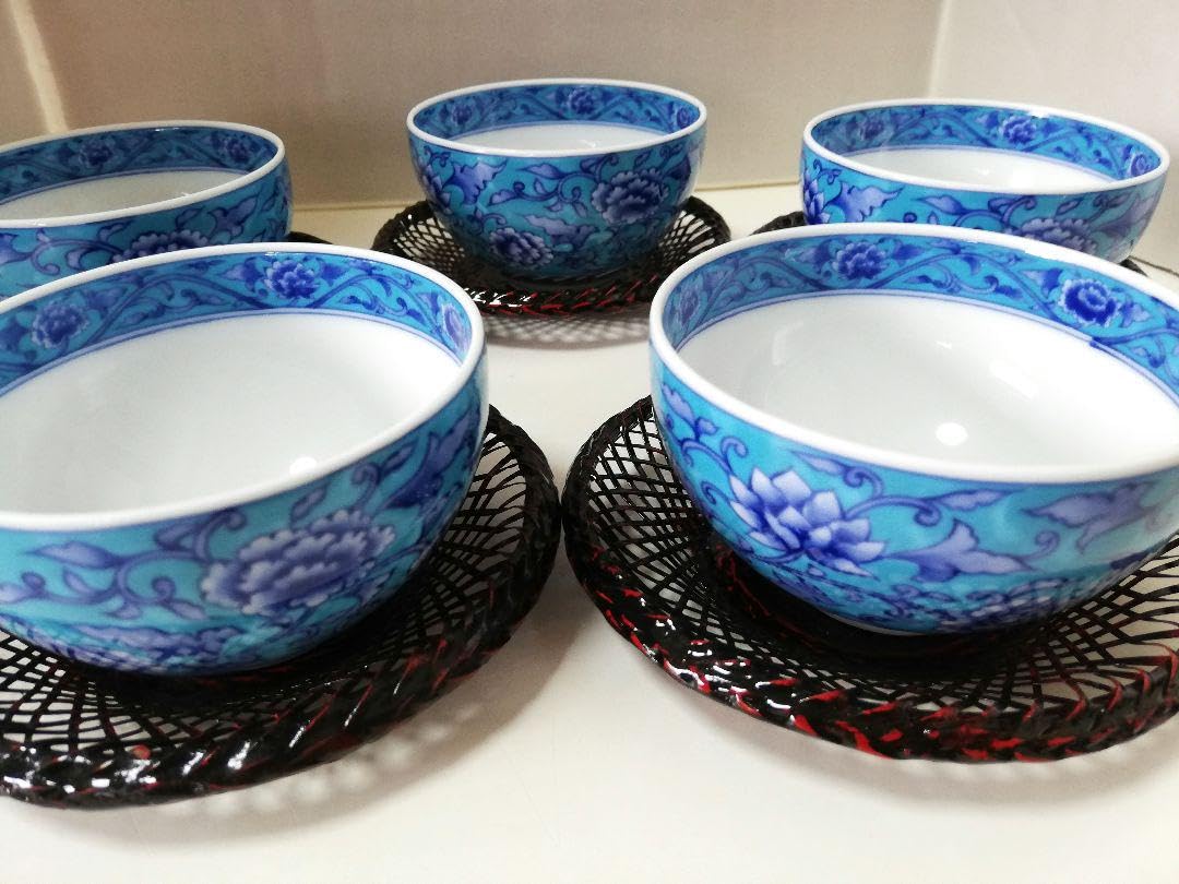 Amazon.co.jp: 美濃焼 庫山窯 青彩牡丹 湯呑みと茶托 各5と色絵うさぎ