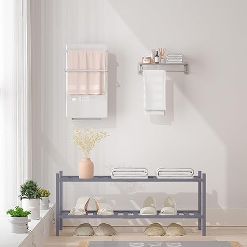 Miniatura 6 de Zapatero de bambú natural de 2 niveles, estante de almacenamiento apilable con combinaciones multifunción, zapateros independientes para una cómoda