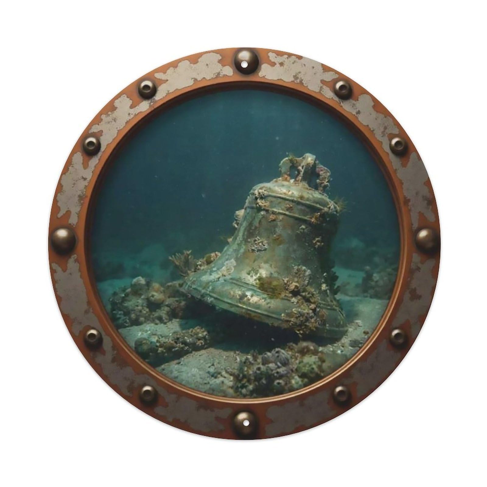 Odgynaw 8X8inch(20X20cm) Vintage Porthole Sunken Bell Nautical Window View Metal Tin Sign