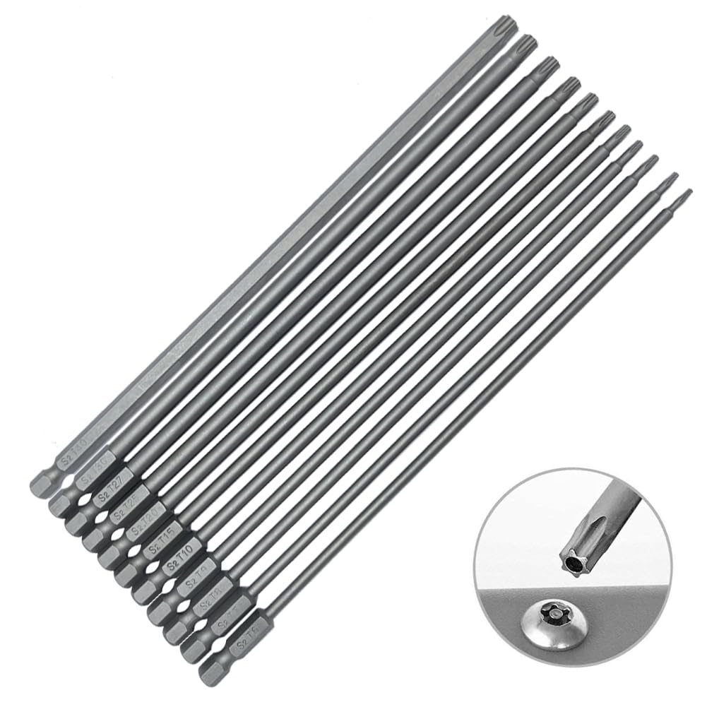 SeonFook 11PCS 200mm 1/4" Hex Shank Torx Screwdriver Bit Set, S2 Steel Magnetic Security Bit, Tamper Proof Star Set, Extra Long T6 - T40 With CNC