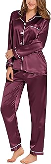 SWOMOG Women's Pyjama Set Silk Satin Long Sleeve Button Down Pyjamas Two Piece Comfy Sleepwear and Loungewear Set