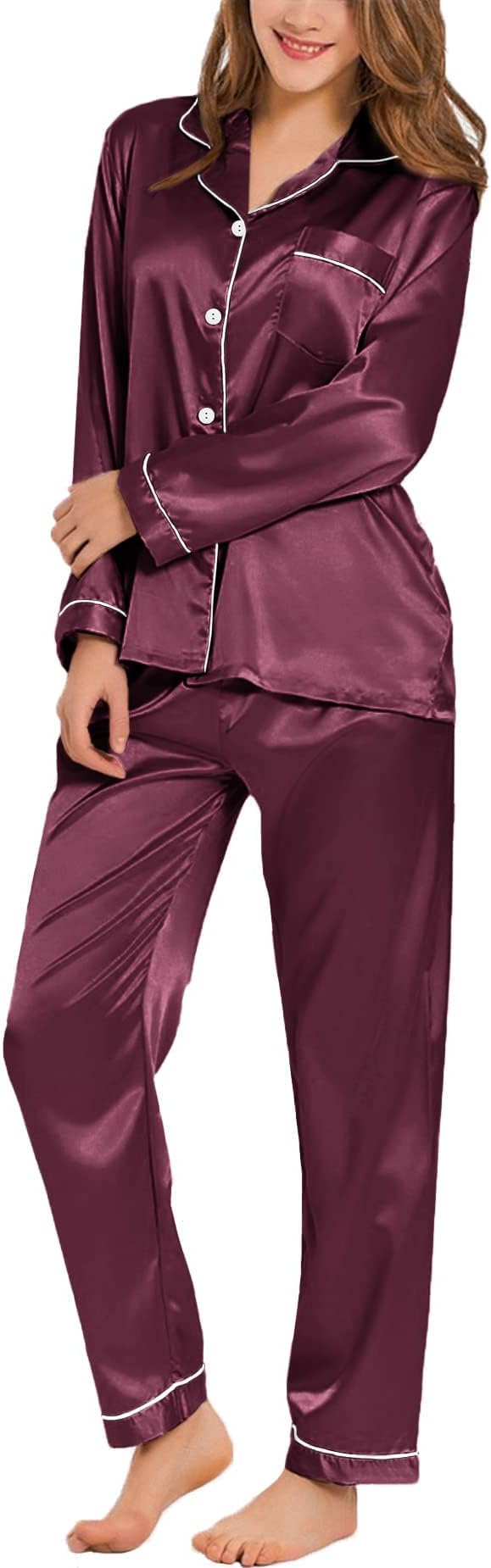 SWOMOG Women's Pyjama Set Silk Satin Long Sleeve Button Down Pyjamas Two Piece Comfy Sleepwear and Loungewear Set