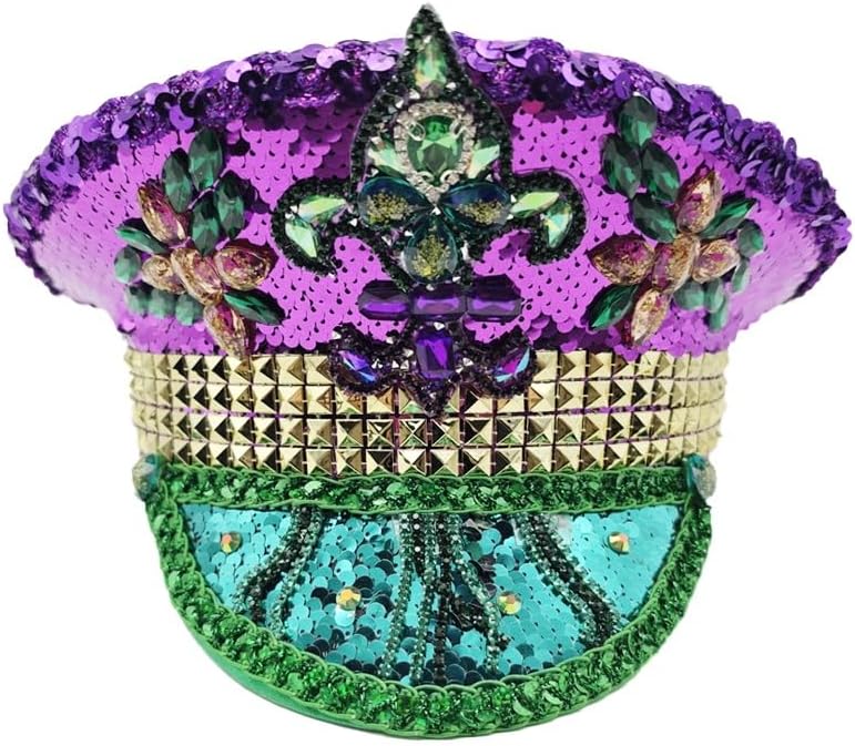 Purple Gold and Green New Orleans Mardi Gras Hat St Patricks Sequin Captain Hat Carnival Parade Costume(Purple)
