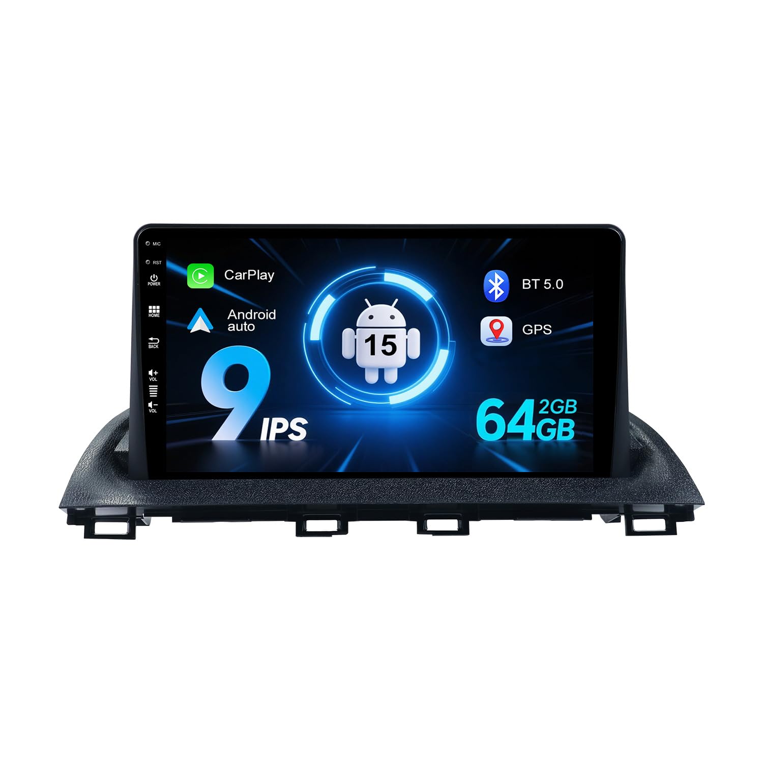 2 GB + 64 GB radia samochodowego 2 DIN Android 15 do Mazda 3 Axela 2014-2019 z nawigacją GPS, Bluetooth, Dab, USB, CarPlay, Android Auto, Wi-FI, 4G, MirrorLink, RDS