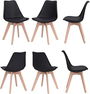 Lot de 6 chaises de salle à manger scandinaves, ergonomiques, pieds en bois massif et coussin en mousse souple, noir
