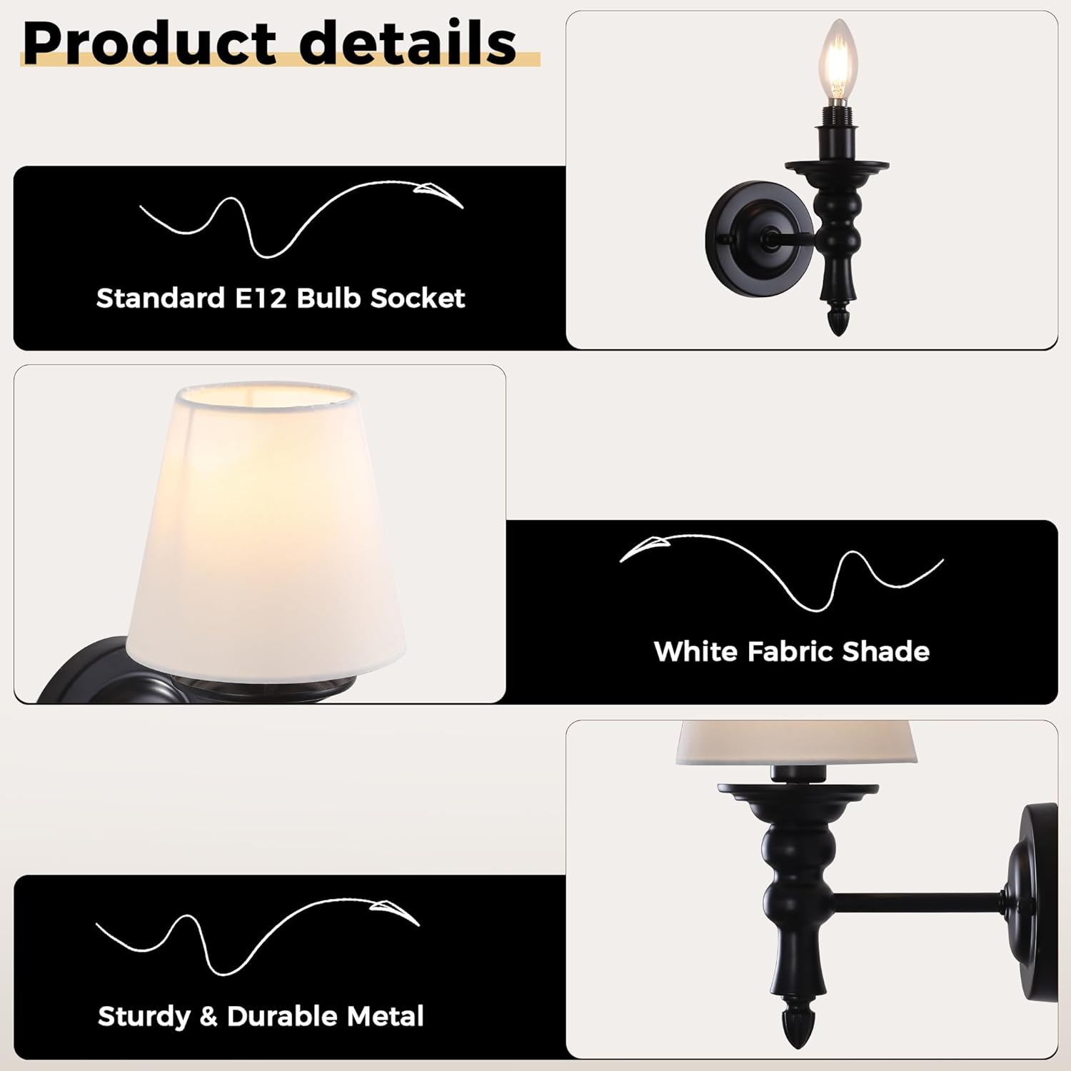 Sconces Wall Decor Set of 2, Vanity Lights for Bathroom Over Mirror, Wall Lights for Bedroom Living Room Hallway Front Porch Decor, Wall Lamps Light Fixtures, Candle Sconces with Fabric Shades, Black