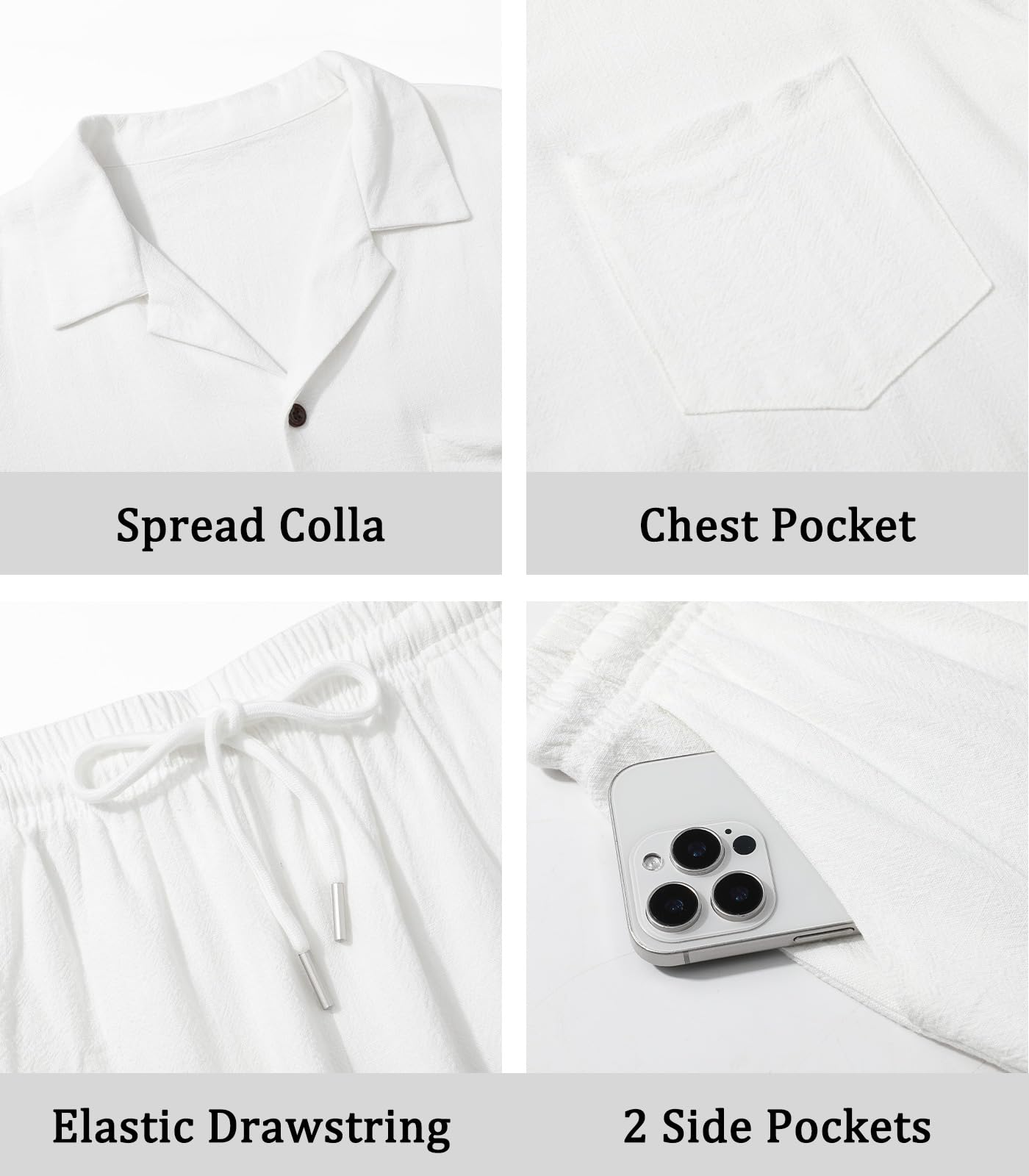 Suwangi Uomo Completi Manica Corta Bottone Camicia e Pantaloncini Estate Spiaggia 2 Pezzi in Lino con Tasche