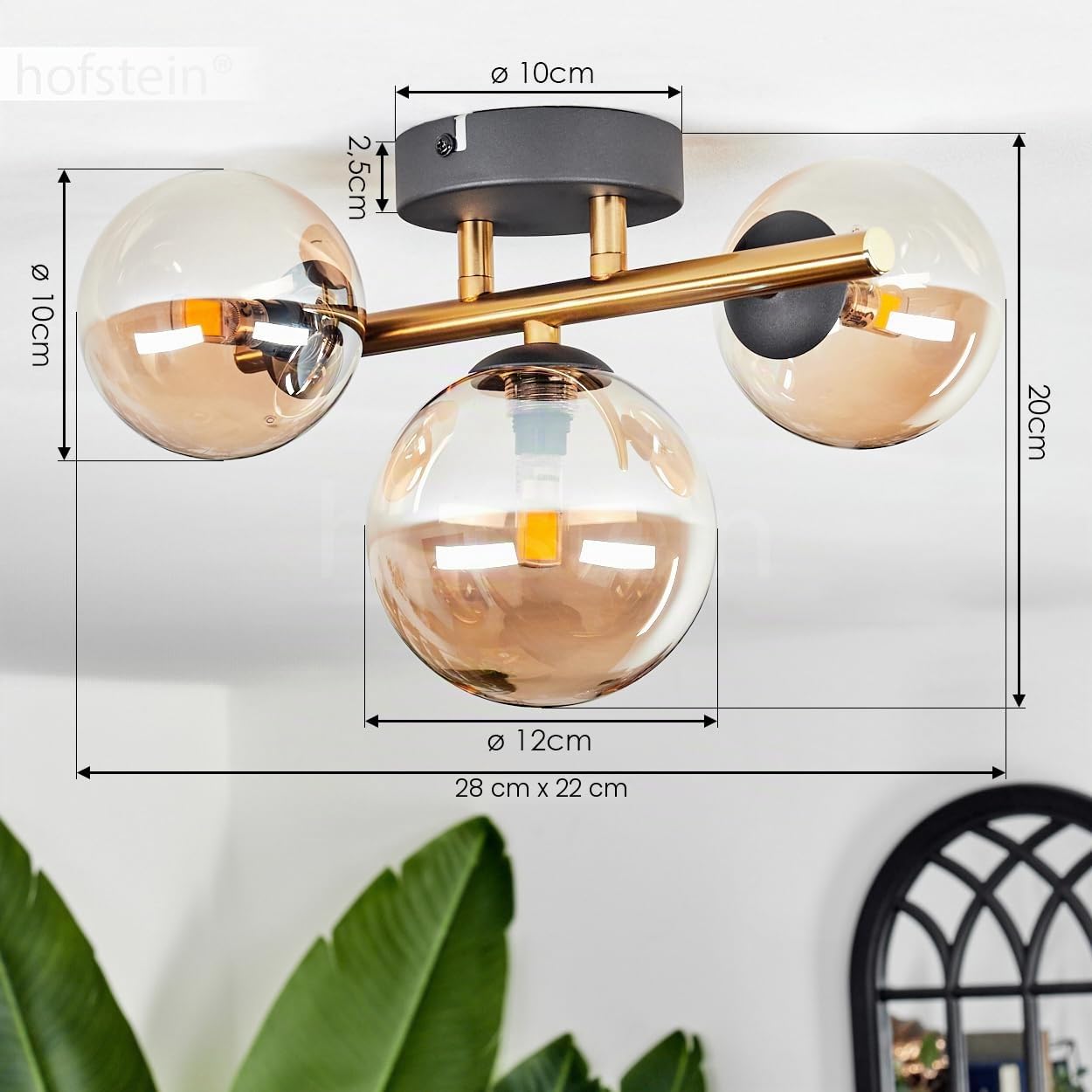 Lampada da soffitto Chehalis, lampada da soffitto in metallo/vetro nero/oro/ambra, design retrò/vintage con ombrelli in vetro (Ø 10 e 12 cm), 3 LED G9, senza lampadina