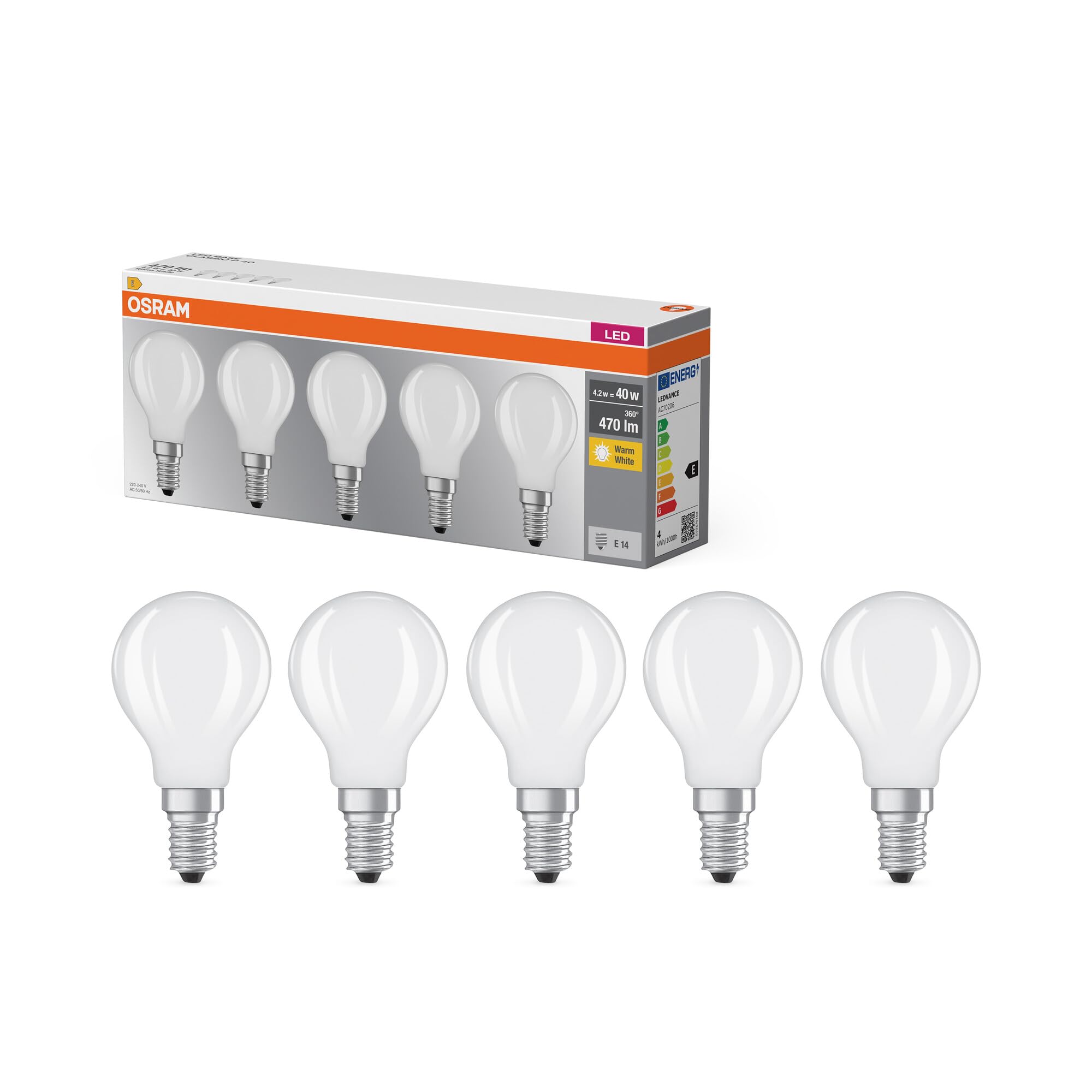 OSRAM Lampada LED Filament Base P40 Miniball 4,2W 827, bianco caldo 2700K, E14, satinato, 470 lm, luce istantanea al 100%
