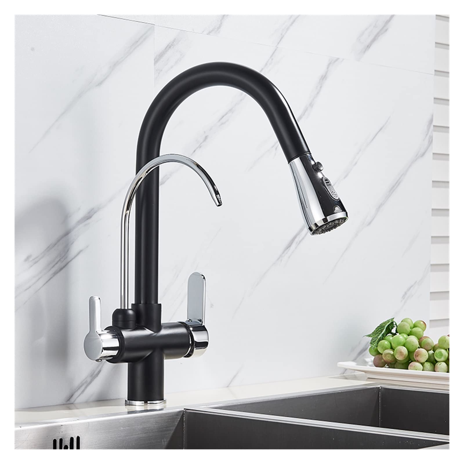 FCXWEVR Black Chrome Kitchen Faucet with Water Filter Dual Handle Mixer 360° Rotation Water Purifin Tap for Home Kitchen Sink