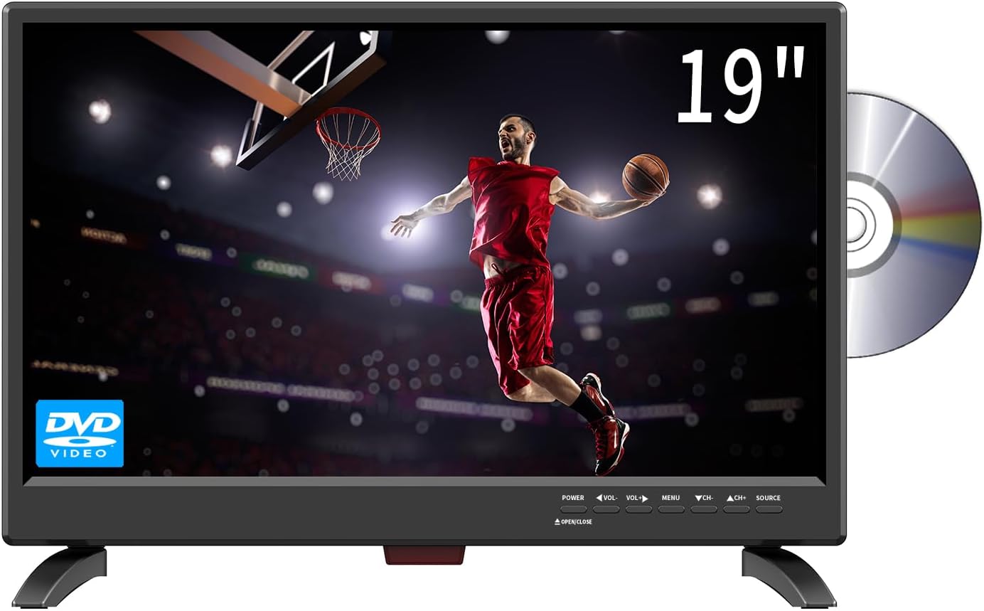 Feihe 19 Inch TV with Built-in DVD Player, FHD 1080P LED Flat Screen TV with Digital Tuner, HDMI, USB, AV, VGA Inputs, Suitable for Kitchen, RV, Bedroom, Camper, Truck, Boat