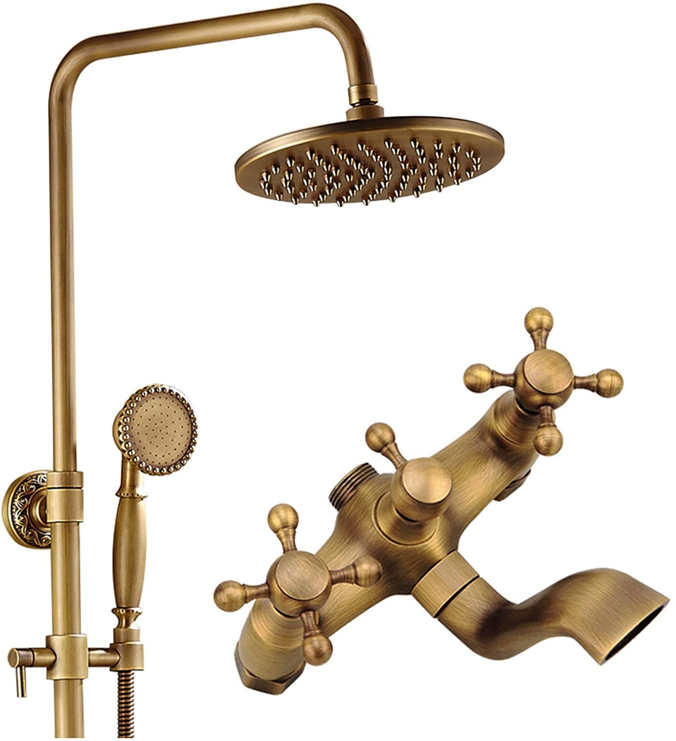 Apparecchio doccia in ottone antico, Soffione doccia a pioggia con spray portatile, Set di rubinetti per doccia vintage, 2 manopole a croce Miscelatore a parete Set combinato doccia, Soffione doccia