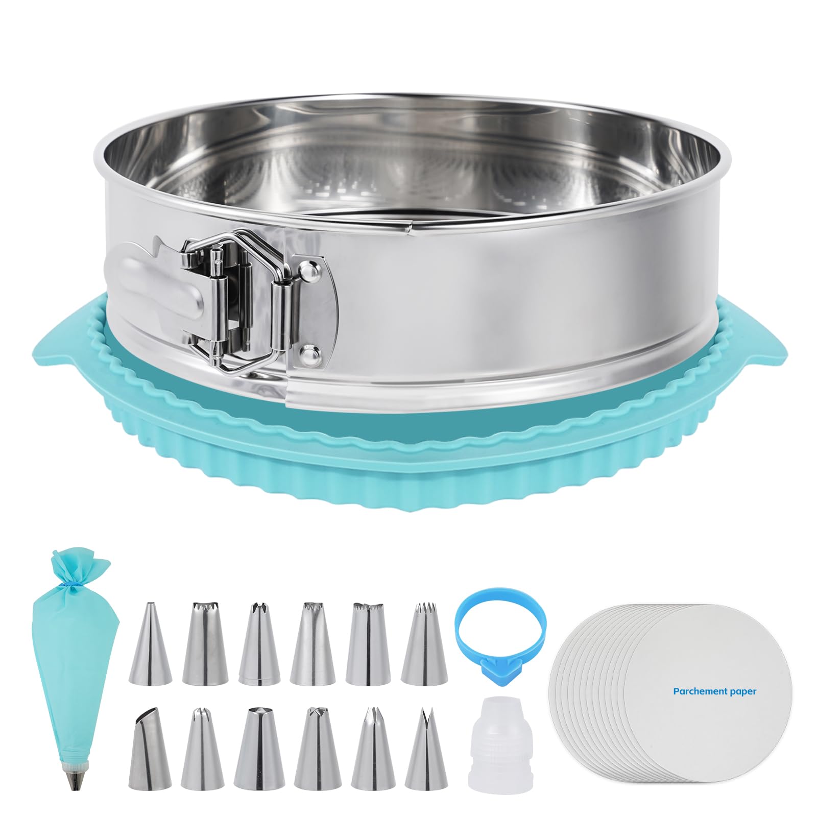 Molde desmontable de 10 pulgadas para hornear, sartén de acero inoxidable 304 con parte inferior extraíble, incluye 12 puntas de tubería y 50 papeles de pergamino para pasteles, pizzas y