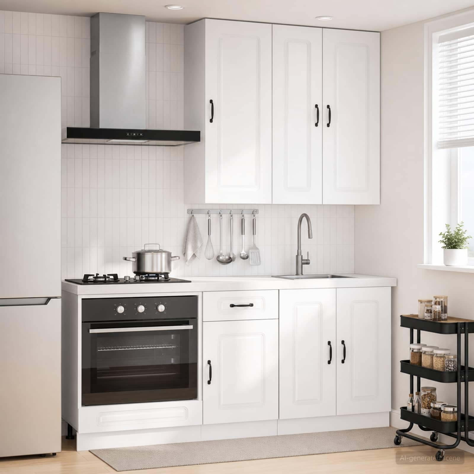 Kalmar Küchenzeile 5-teilig Hochglanz Weiß Küchenblock mit Hängeschrank und Unterschrank Moderne Einbauküche aus Holzwerkstoff für Kleine Küchen und Ferienwohnungen