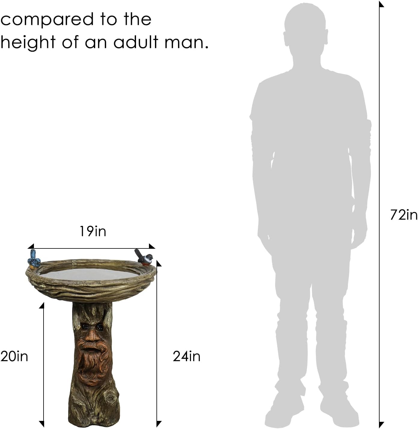 SKYFIRE 24” Tall Outdoor Tree Face Bird Bath -Whimsical Tree Man Pedestal Birdbath Bowl with Bird Figurines for Patio, Lawn, Backyard, Outdoor Decor -19”Dia. Garden Decor Statue Birdbaths for Birds