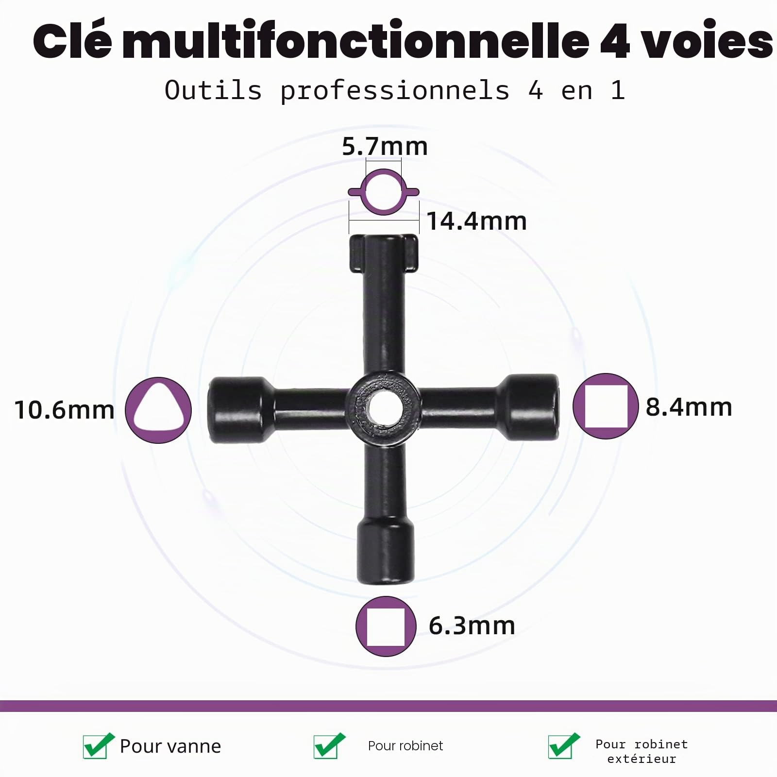 Swpeet 3 pièces Clé de compteur d'eau et robinet à quatre voies avec kit de combinaison d'outils utilitaires multifonctions à quatre voies, outil de coupure d'eau de clé de bordure de route de qualité