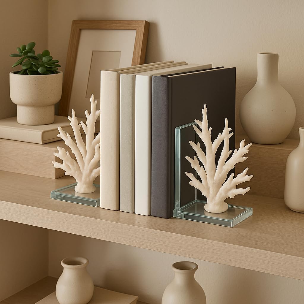 Decorative Coral on Glass Bookends - Coastal Inspired Book Ends for Bookshelf Decor or Book Accessories - Modern Office Desk Accent, Home Library, or Entryway Home Decor - Set of 2, 7.25", White