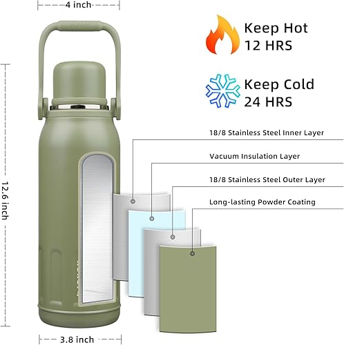 Miniatura 2 de BJPKPK Botella de agua térmica de 50 onzas con tapa y asa de transporte, botellas de agua aisladas de acero inoxidable para deportes al aire libre,