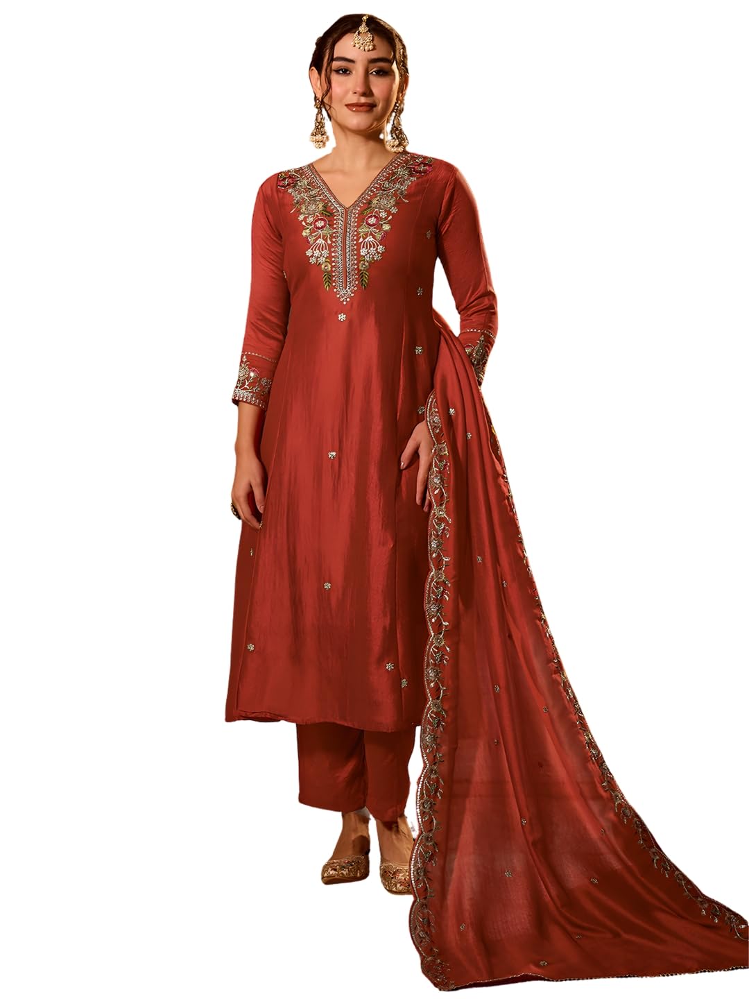 Women's Vichitra Silk Embroidered Flared Kurta with Pant and Dupatta Sets (NX5-695)-image-25