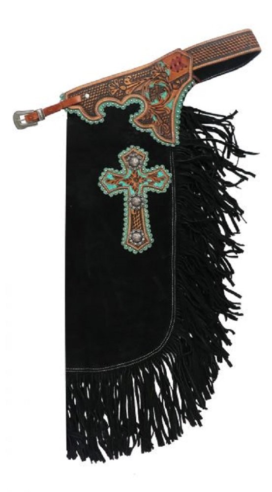 Showman Medium Black Suede Leather Teal Cross Design Adjustable Chinks Floral Basket Tooled Leather Overlay