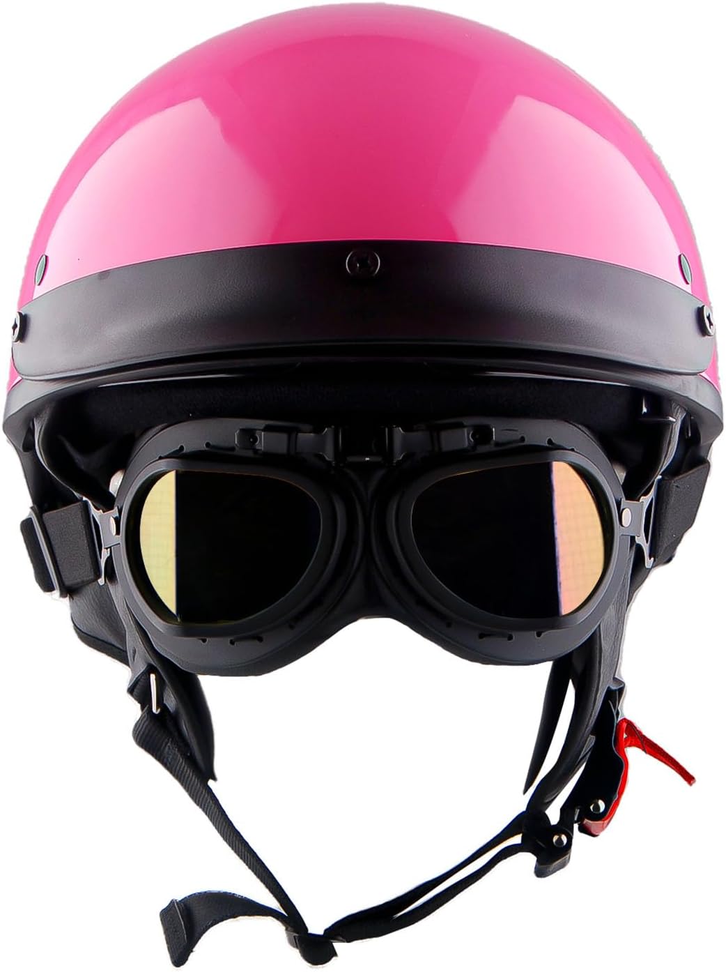 1Storm Motorcycle Half Face Helmet Mopeds Scooter Pilot with Retractable Inner Smoked Visor, Glossy Pink + T008 Black Tinted Goggle Bundle