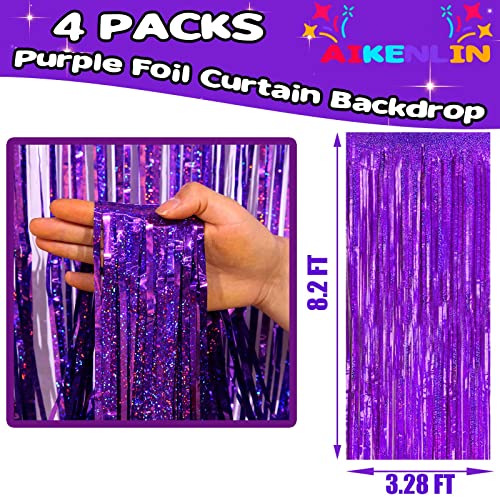 Image of 4 Pack 3.2Ft x 8.2Ft Purple Foil Fringe Curtain Backdrop, Metallic Tinsel Foil Fringe Streamers Curtains Background for Photo Booth, Birthday, Wedding, Disco, Bachelorette, Christmas Party Decoration
