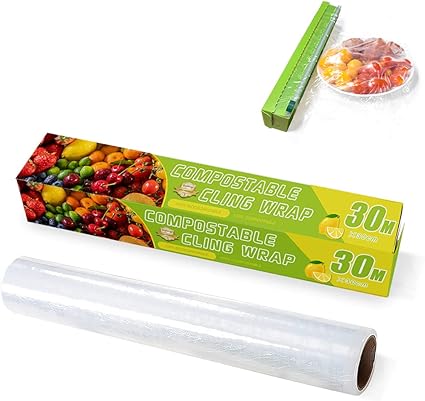 Compostable Cling Wrap for Food, Biodegradable Food Wrap with Slide Cutter, BPA Free Cling Wrap, Certified Material, Eco Friendly, Non-Plastic, Non-Toxic, 12 inch x 99 feet