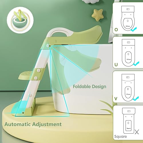 Miniatura 5 de Silla para ir al baño, asiento de inodoro con escalera para niños y niñas pequeños, asiento acolchado suave para entrenamiento de orinal (verde)