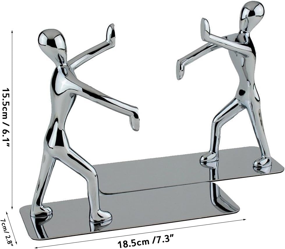 Fashion Creative Shiny Kung Fu Man Stainless Steel Metal Bookends Book End for Home Office Library School Study Decoration Gift (Silver)