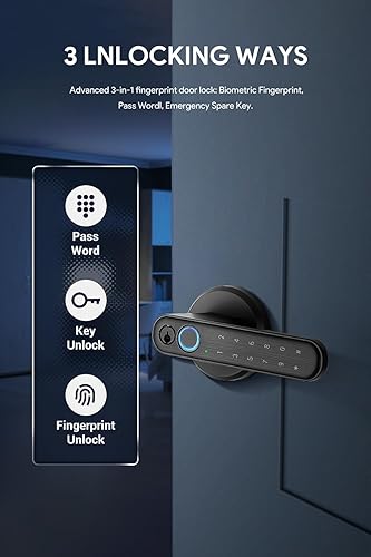 Miniatura 4 de Cerradura de puerta de huellas dactilares, perilla de muelle negro mate con teclado, código de acceso, huella digital biométrica de 0.2 s y llaves,