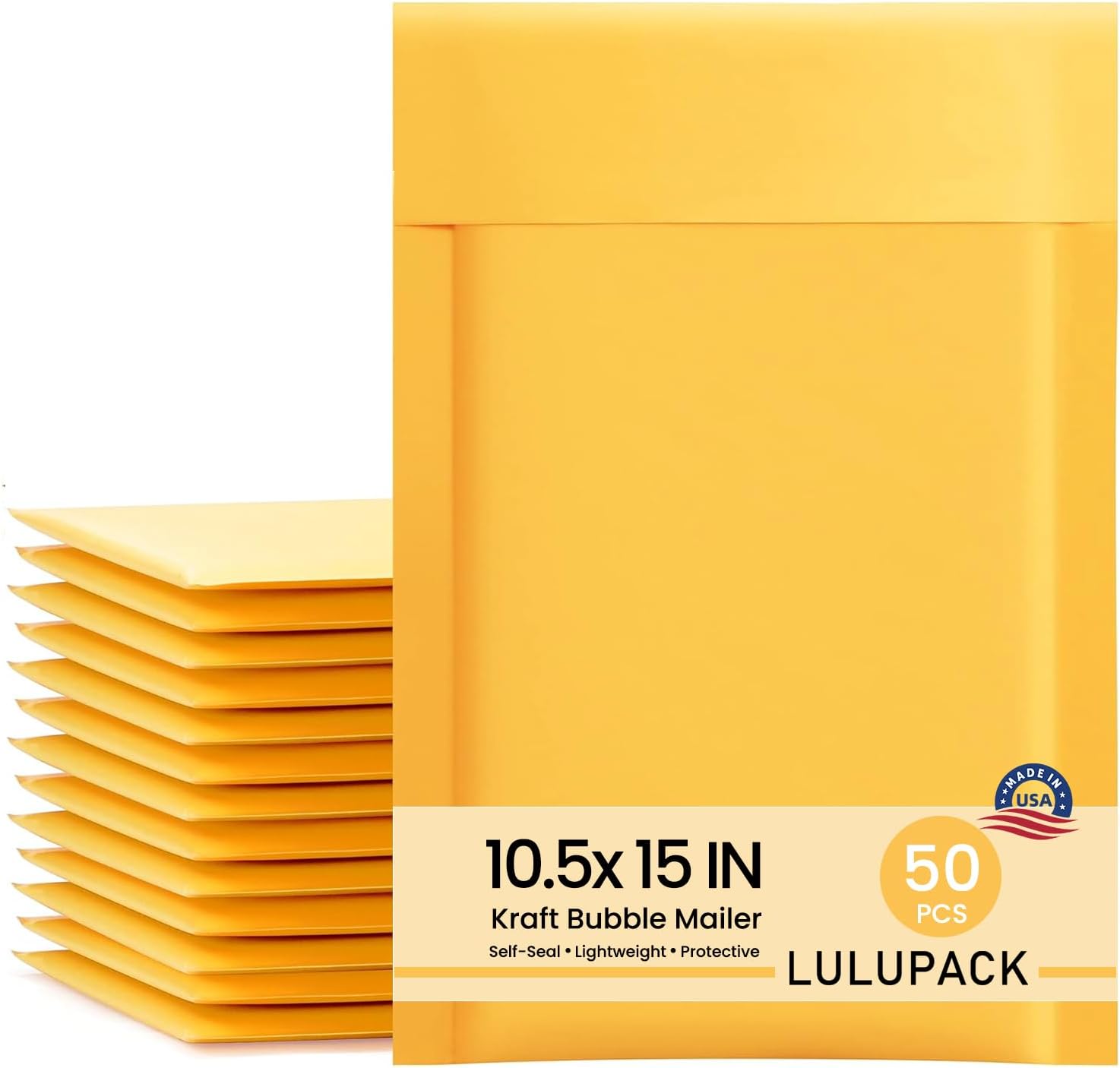 LULUPACK 10.5’’ x 15’’ Yellow Kraft Bubble Mailers, Large Bubble Pouch Lightweight Padded Mailing Envelopes, Self Seal Kraft Envelopes Shipping Bags 50 pack