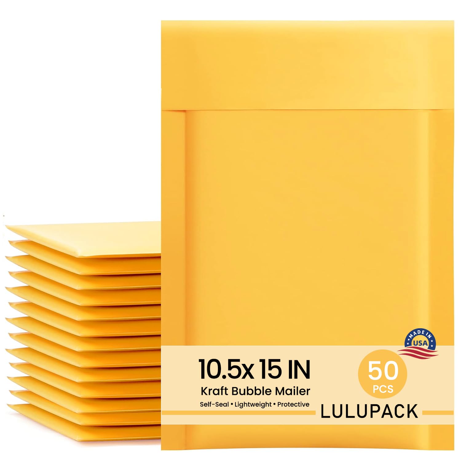 LULUPACK Sobres de burbujas de papel kraft amarillo de 10.5 x 15 pulgadas, bolsa de burbujas grande, sobres acolchados ligeros, sobres de correo autoadhesivos, paquete de 50 unidades