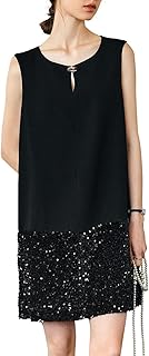 Women's Black Sequined Mini Dress, Round Neck Sleeveless Summer Graduati...