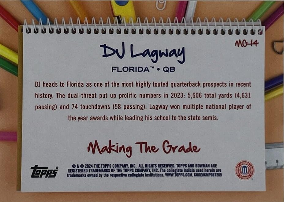 2024 Topps Bowman Best University DJ Lagway #MG-14 Making the Grade Florida Gators Rookie RC Football Card