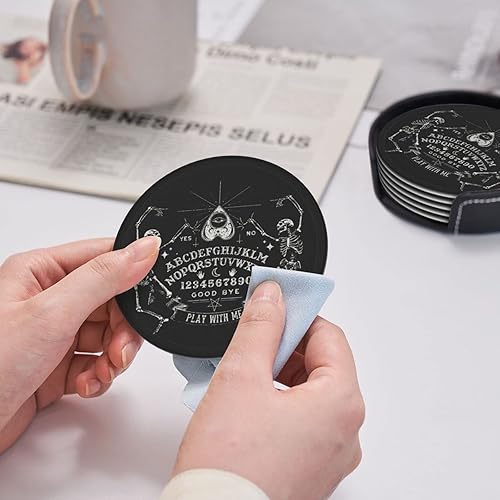 Miniatura 6 de SEPTYK Juego de 6 posavasos con patrón de Ouija mágico de esqueleto vintage para bebidas con soporte, juego de 6 de cuero redondo de 4 pulgadas para